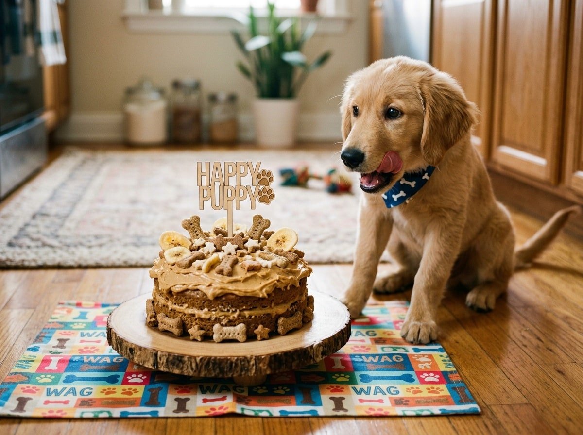A dog cake made with coconut flour, topped with peanut butter frosting, surrounded by dog treats.