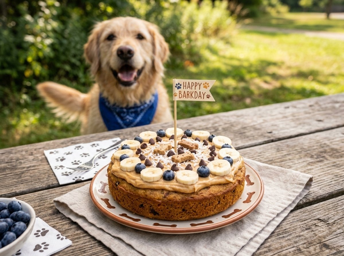 A celebratory chickpea flour cake for dogs, decorated with fruits and carob chips, presented on a rustic picnic table.