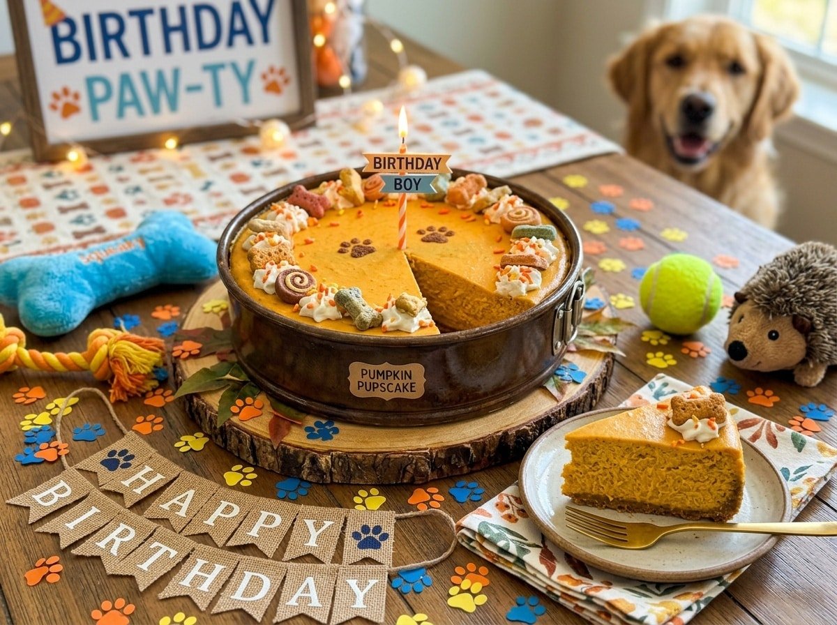 A delightful Pumpkin Cheesecake for dogs displayed with a slice cut out, surrounded by paw print decorations and dog toys.