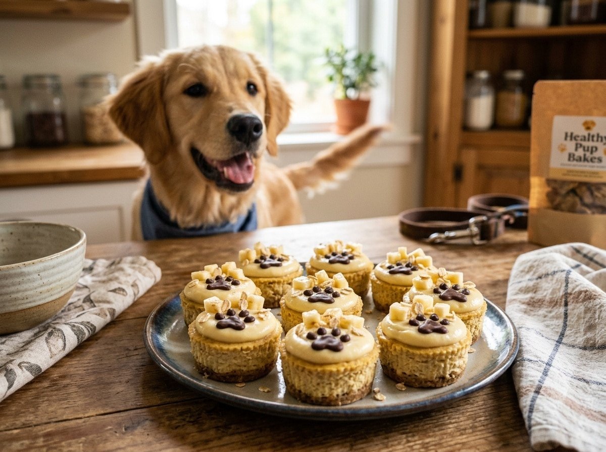 Banana cheesecake dog treats on a plate with banana slices and a dog looking excited.
