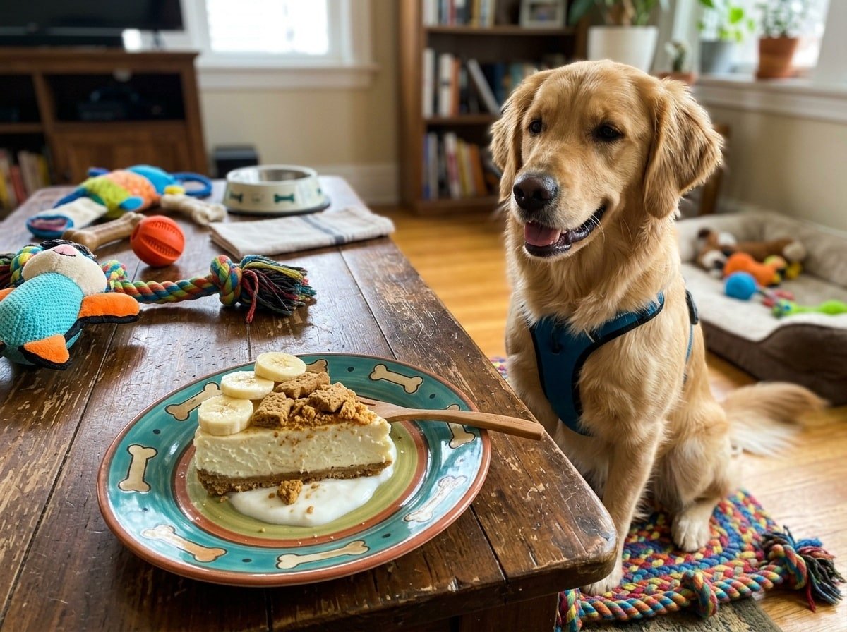 A slice of Yogurt Cheesecake for dogs with banana slices, presented on a pet plate, next to a cheerful dog.