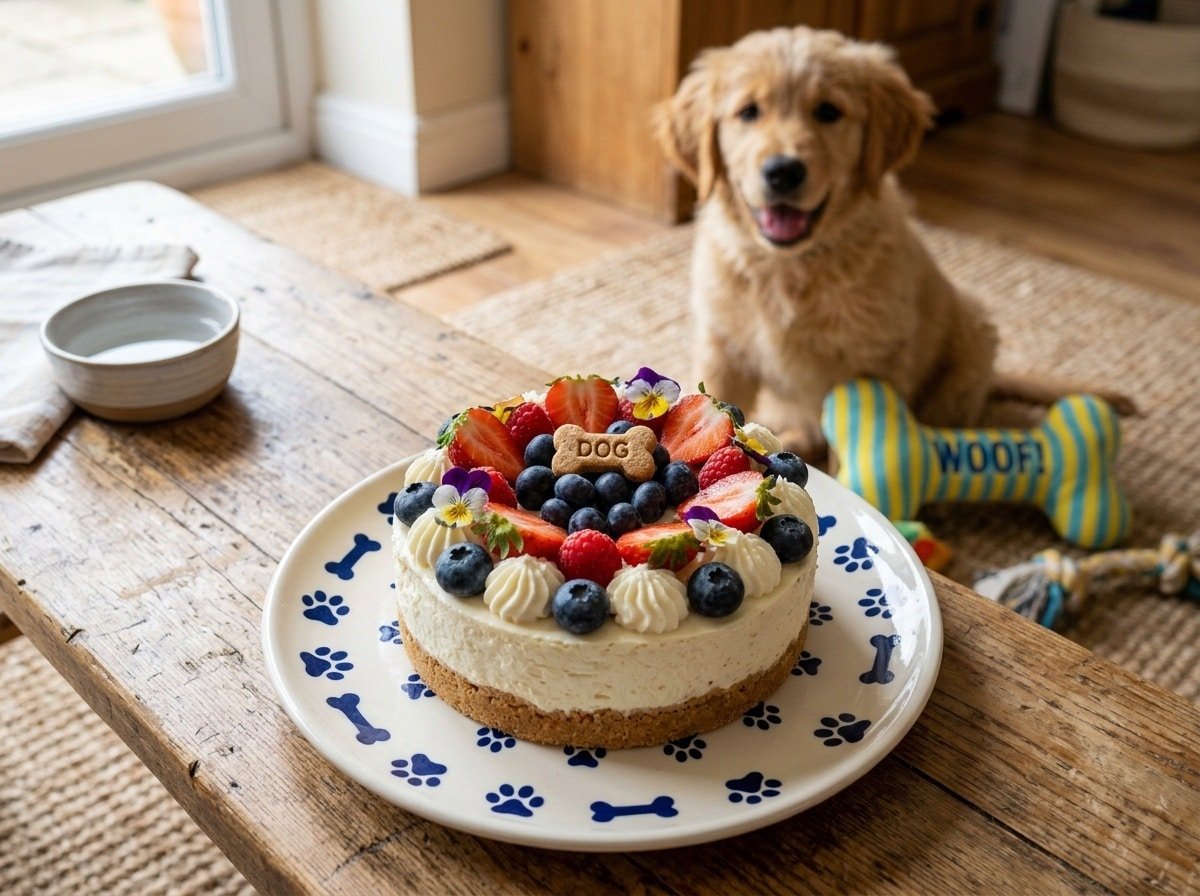A delicious Berry Cheesecake for dogs topped with fresh berries, served on a paw-patterned plate.