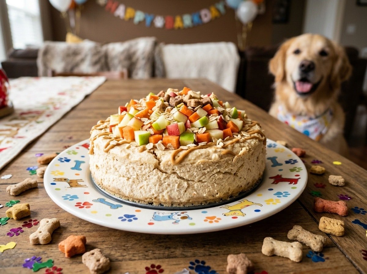 A dog-friendly cottage cheese cheesecake decorated with apples and carrots on a festive plate.