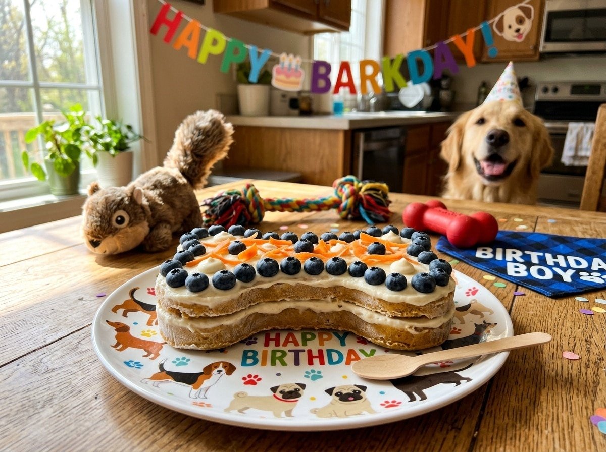 A frozen dog birthday cake in a bone shape, adorned with blueberries and carrot shavings on a colorful plate.