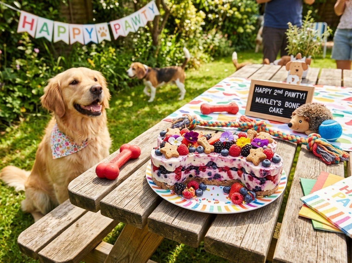 Frozen berry cake for dogs in a bone shape, decorated with dog treats, on a picnic table with dog toys.