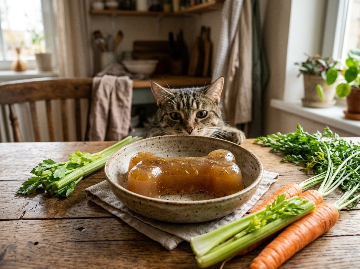 A bowl of chicken bone broth jelly shaped like a bone, with fresh veggies and a curious cat nearby.