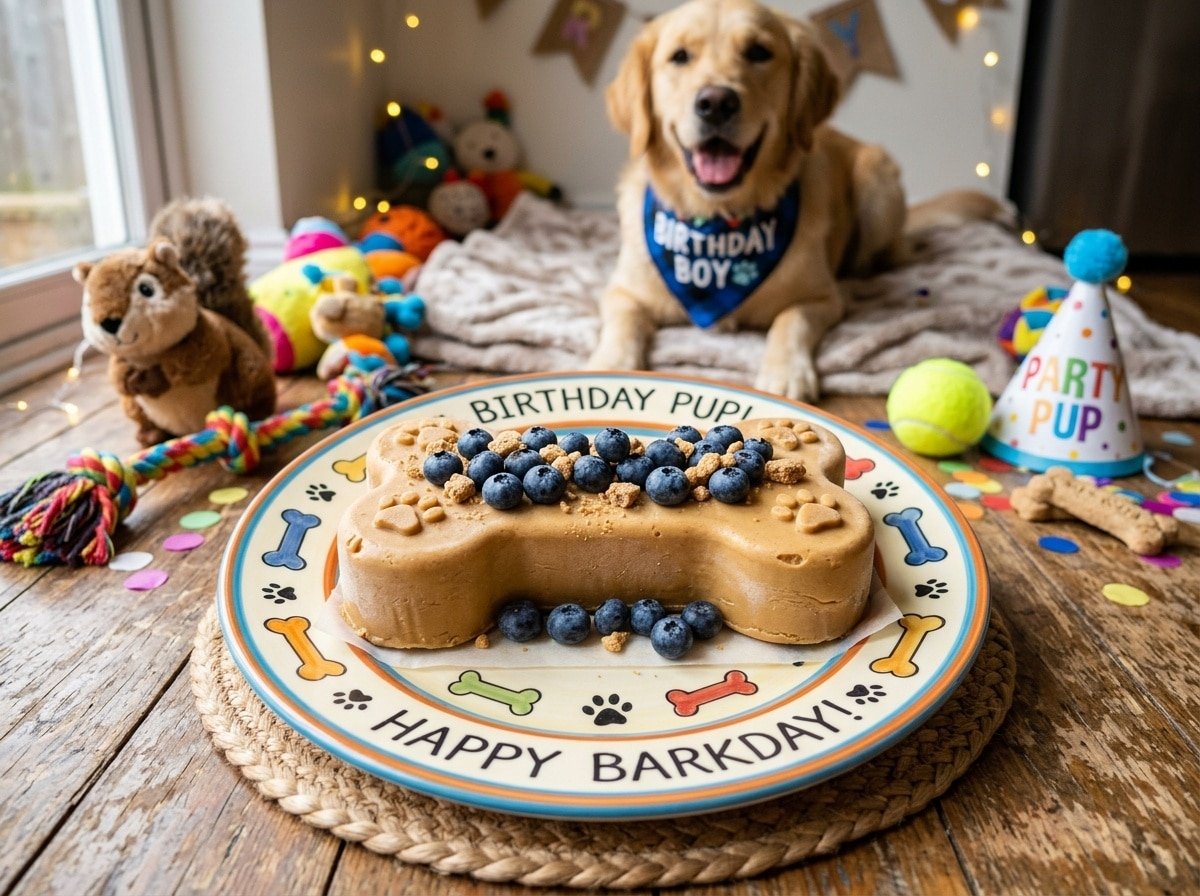 Frozen peanut butter dog cake shaped like a bone, topped with blueberries on a colorful plate.