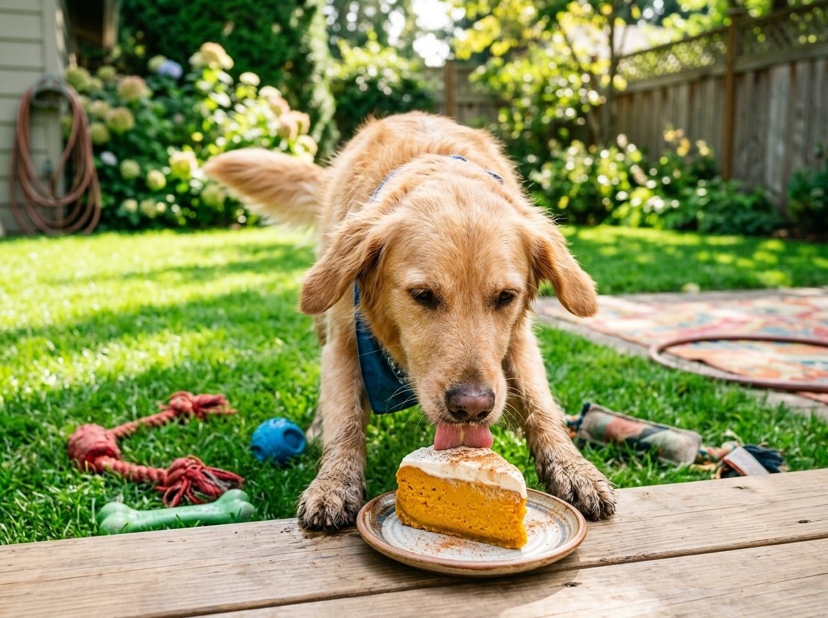 A happy dog eating a slice of frozen pumpkin cake on a sunny day with dog toys in the background.