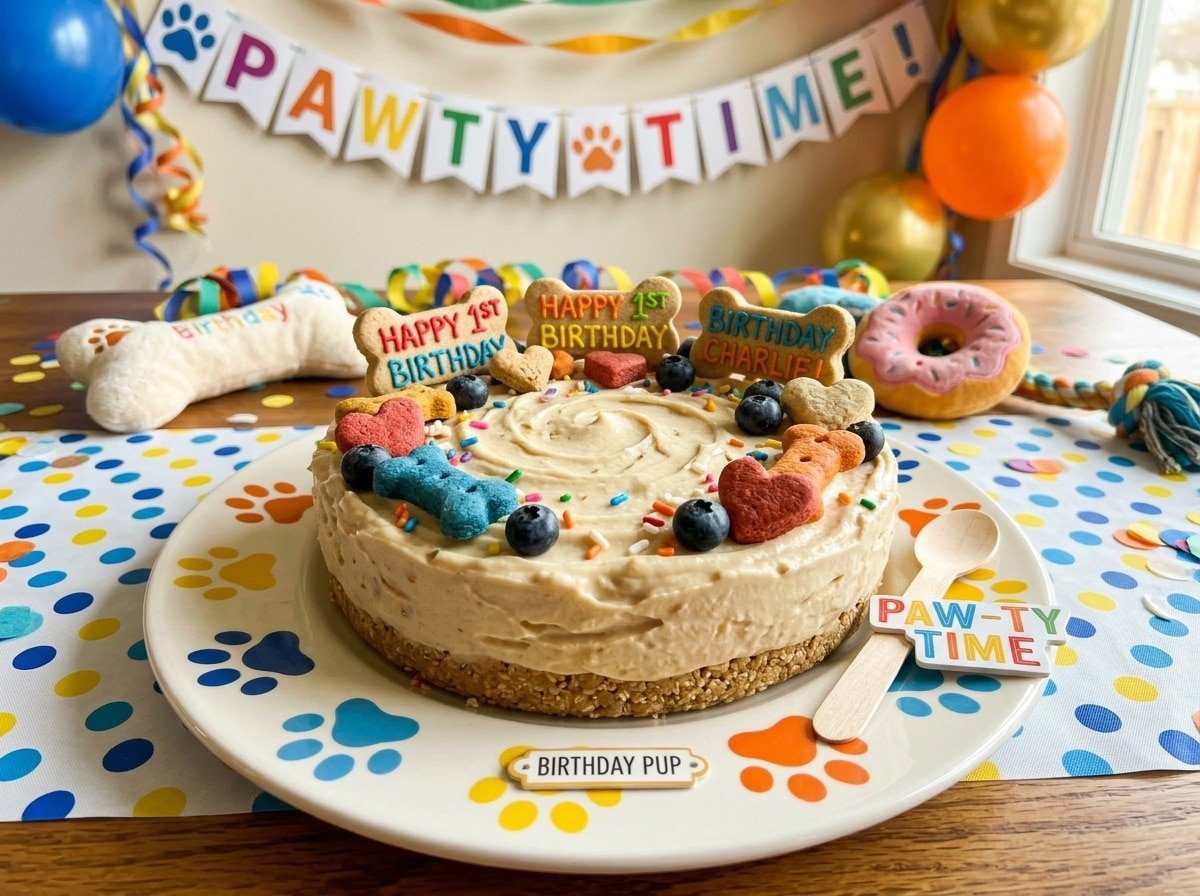 Frozen Yogurt Celebration Cake decorated with dog treats and blueberries for dogs, served on a festive plate.