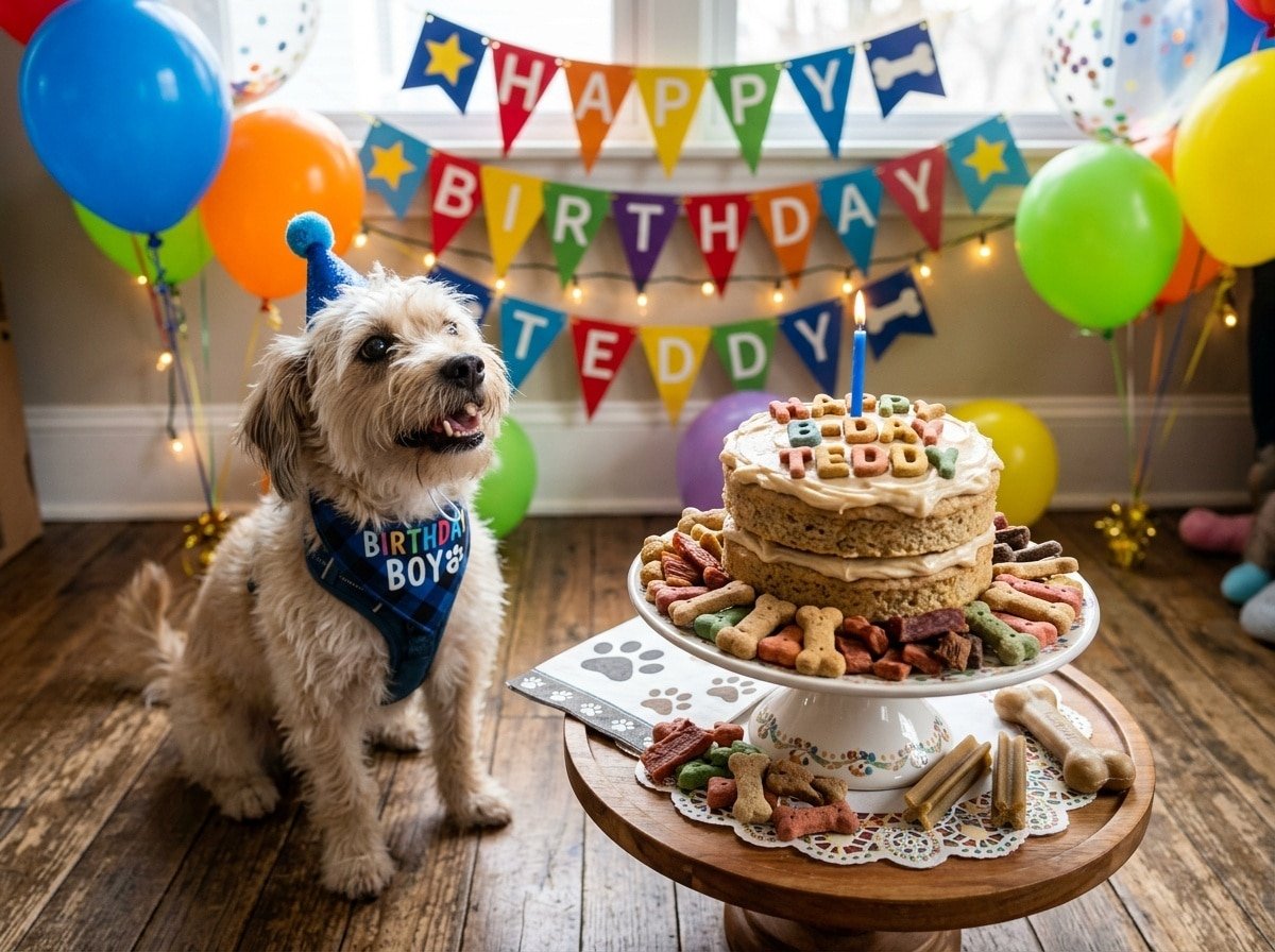 A delightful Mini Layer Cake for dogs, with fluffy layers and dog-friendly frosting, surrounded by treats and a happy small dog.