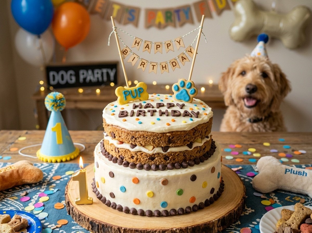 Double layer birthday cake for dogs, topped with yogurt frosting and carob decorations, set in a celebratory scene.