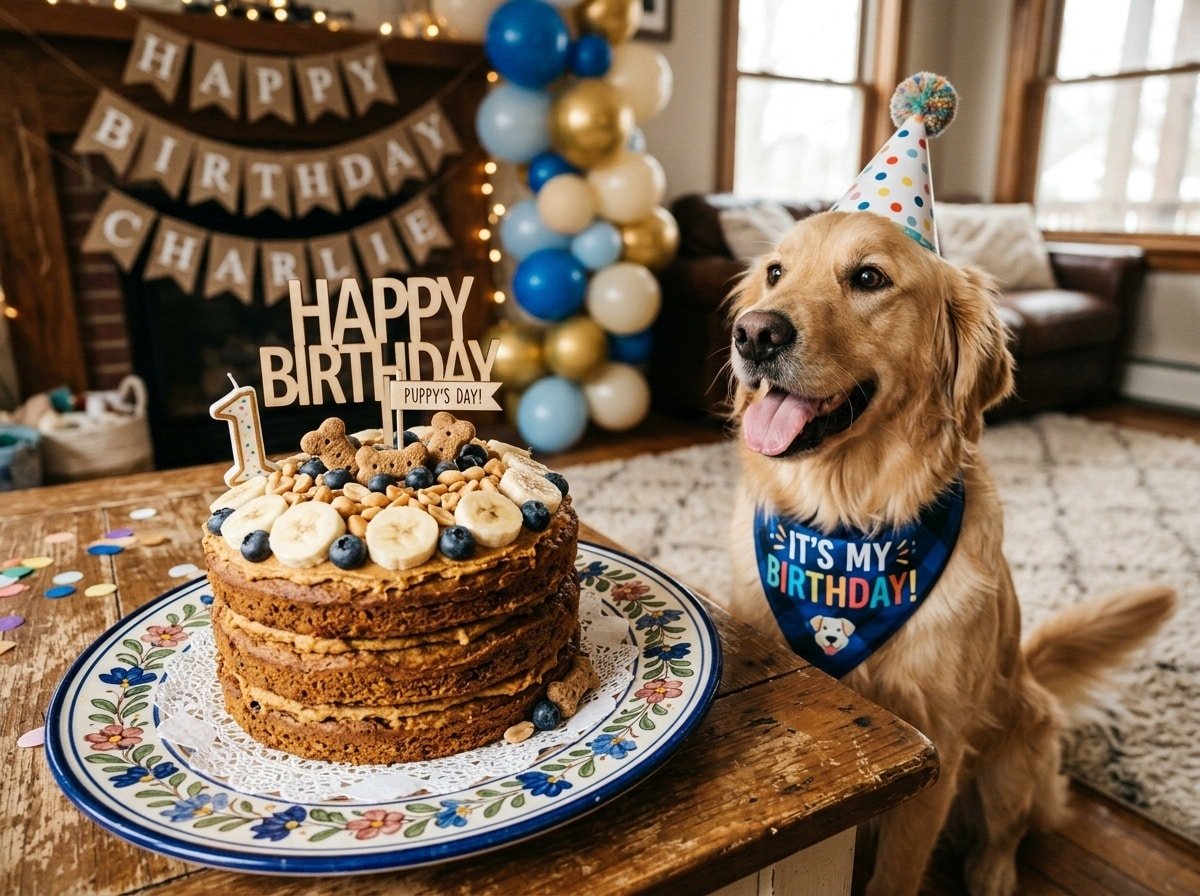 A delightful Naked Birthday Cake for dogs, topped with fruits, on a decorative plate with a happy dog nearby.