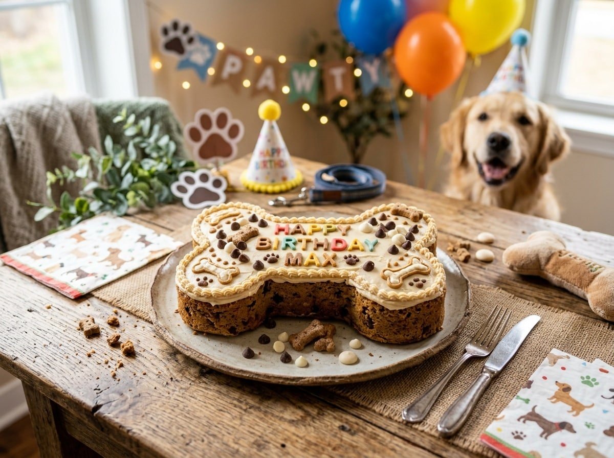 Bone-shaped celebration cake for dogs, decorated with frosting and carob chips, on a wooden table.