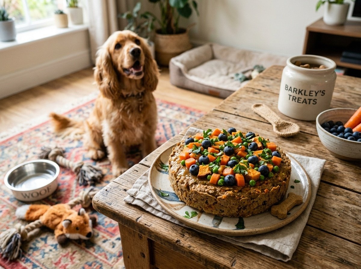 A savory Bone Broth Cake for dogs decorated with vegetables on a wooden table.