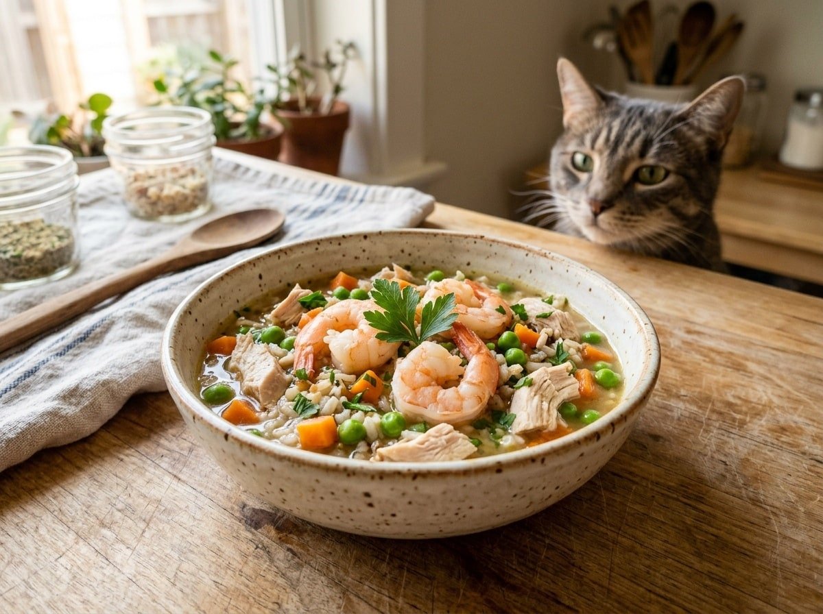A bowl of cat food with shrimp, chicken, and vegetables, ready for a cat
