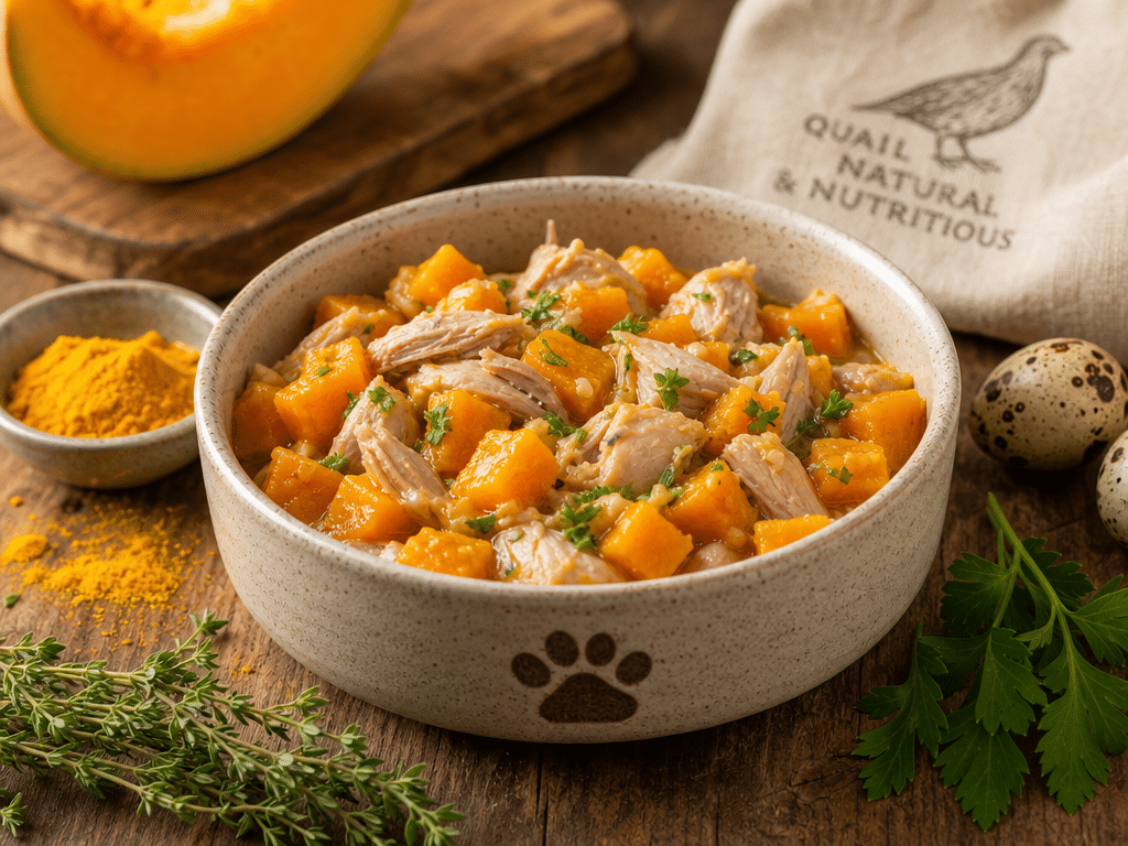 A bowl of homemade cat food with quail and pumpkin on a wooden table, looking nutritious and appealing.